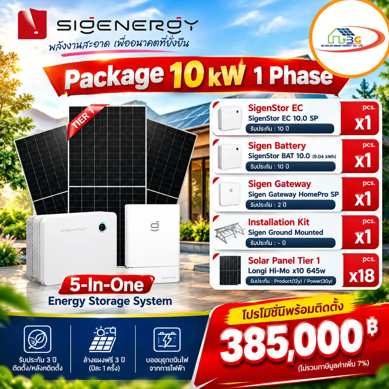 ชุดโซล่าเซลล์ Hybrid Sigenergy 10kW ระบบไฟ 1 เฟส พร้อมแบตเตอรี่ 10kWh